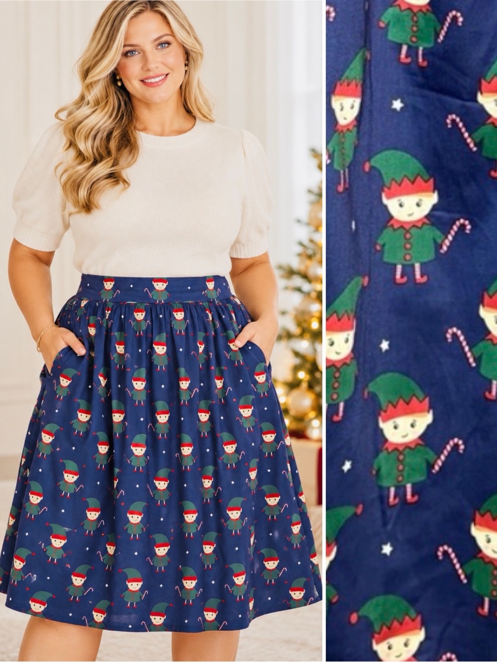 Modcloth More Than Charming Cotton A-line Skirt Santa Elf Print Navy Blue 1X NWT